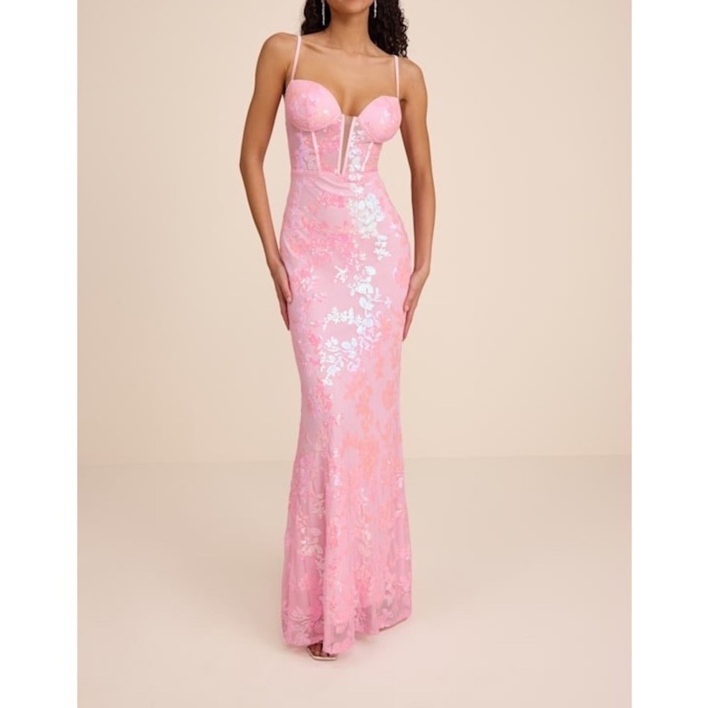 NEW Lulus Livy Pink Sequin Bustier Mermaid Maxi Dress Small